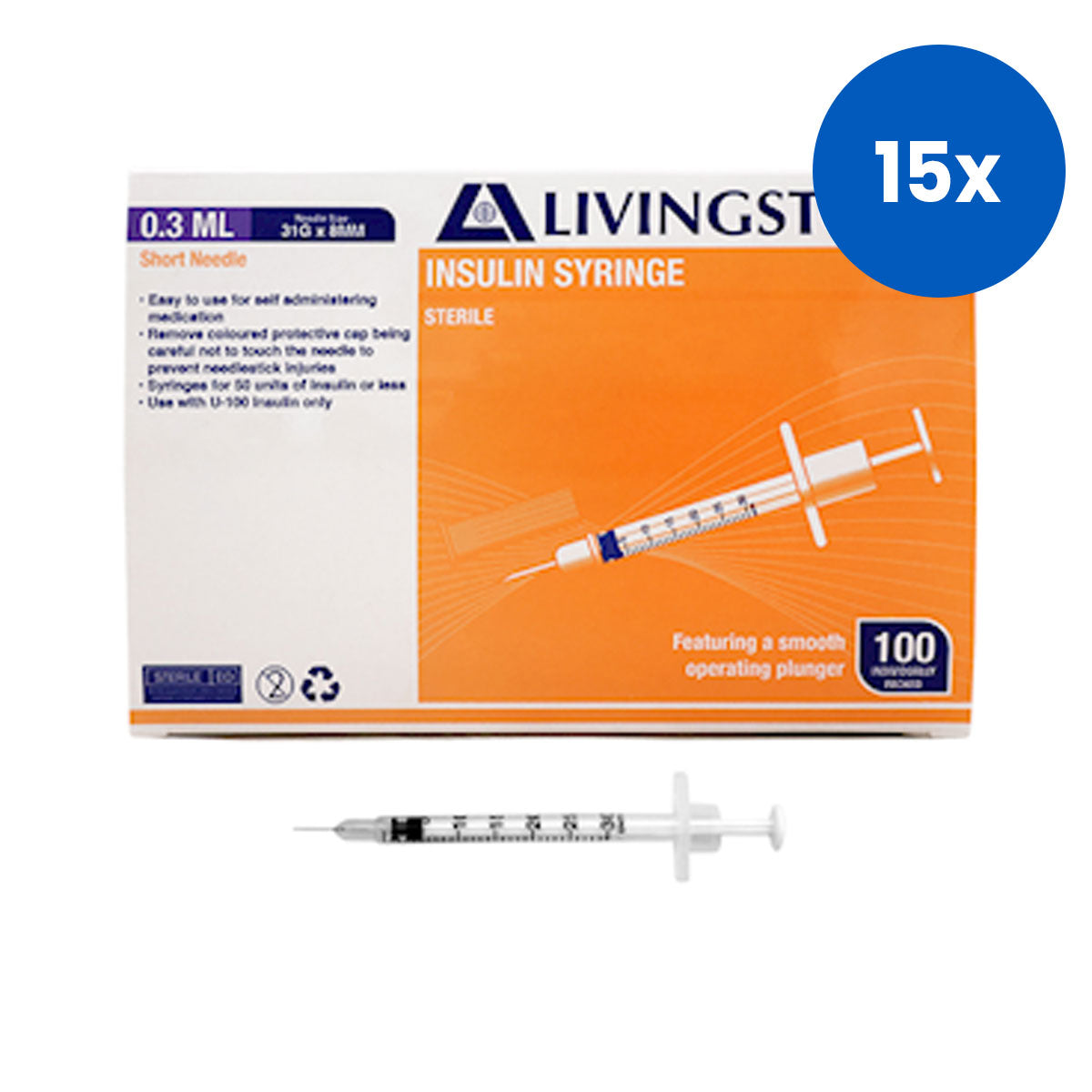 Livingstone Insulin Syringes 0.3ml 31 Gauge x 0.32 Inch with Needle and Plunger - White x15