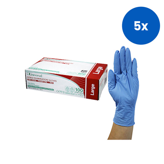 Universal Choice Nitrile Examination Gloves Large Size AS NZ Standard Powder Free 100/Box 1000/Carton - Blue x5