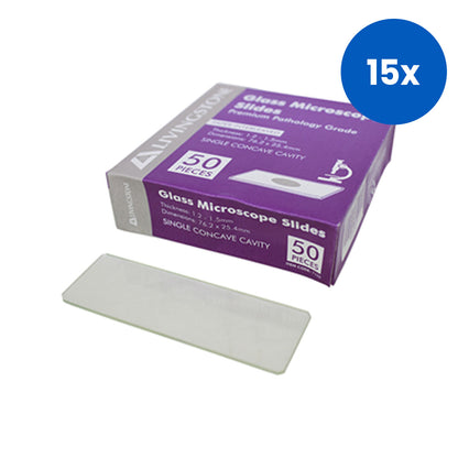 Livingstone Microscope Glass Slide Single Concave Cavity 1.2-1.5mm Thick Pathology Grade Interleaved 50/Pack - Clear x15