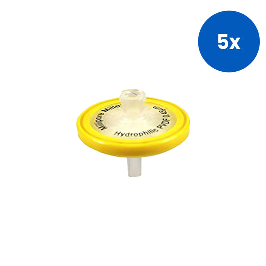 Livingstone Syringe Filter 33mm Diameter 0.45μm PVDF Hydrophilic Non-Sterile Lab Filtration Disc 50/Pack - Yellow x5