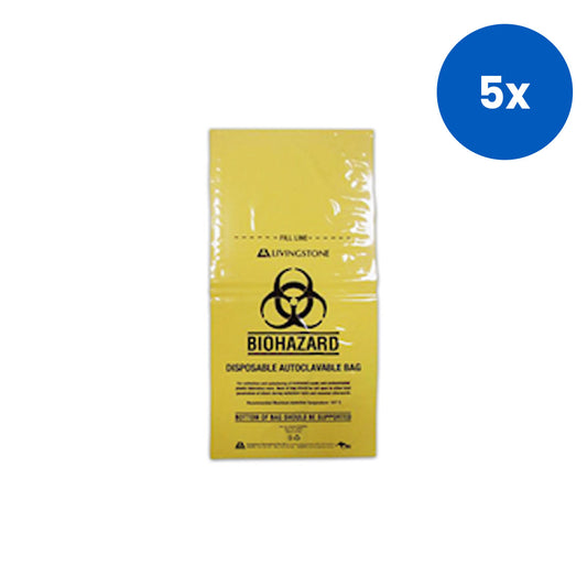 Livingstone Biohazard Autoclavable Waste Bag 30x60cm 20L Polypropylene 50/Pack 500/Carton - Yelow x5