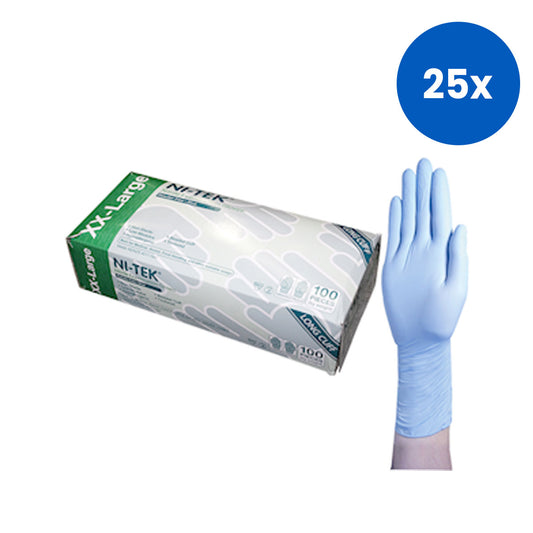 Ni-Tek Nitrile Examination Gloves Long Cuff 300mm AS/NZ Standard Powder Free Double Extra Large Size 100/Box - Blue x25