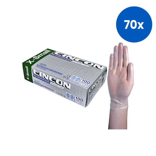 Lincon Vinyl Examination Gloves Extra Small Size 5.0g Low Powder Recyclable 100/Box - Clear x70