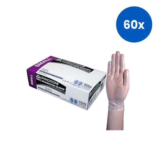 Livingstone Vinyl Examination Gloves Small 5.5g ASTM Standard Recyclable 100/Box - Clear x60