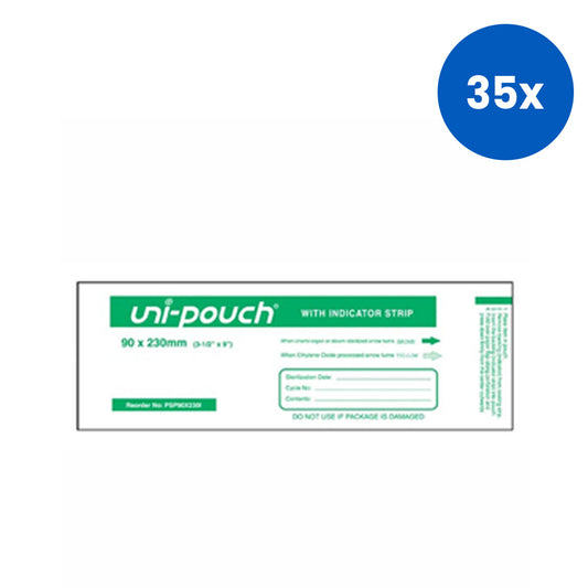 Uni-Pouch Sterilisation Pouch with Colour Change Indicator 90 x 230mm 200/Box - White x35