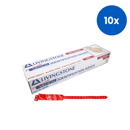 Livingstone Premium Personal Identification ID Bands Adult with Name Card 250/Box - Red x10