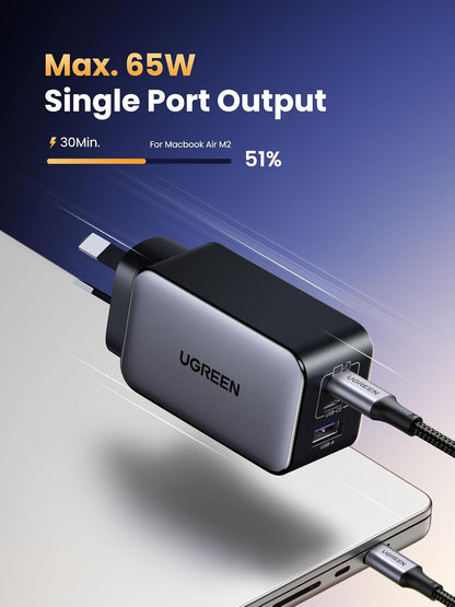 UGREEN Nexode 65W USB C GaN Charger-3 Ports Wall Silver
