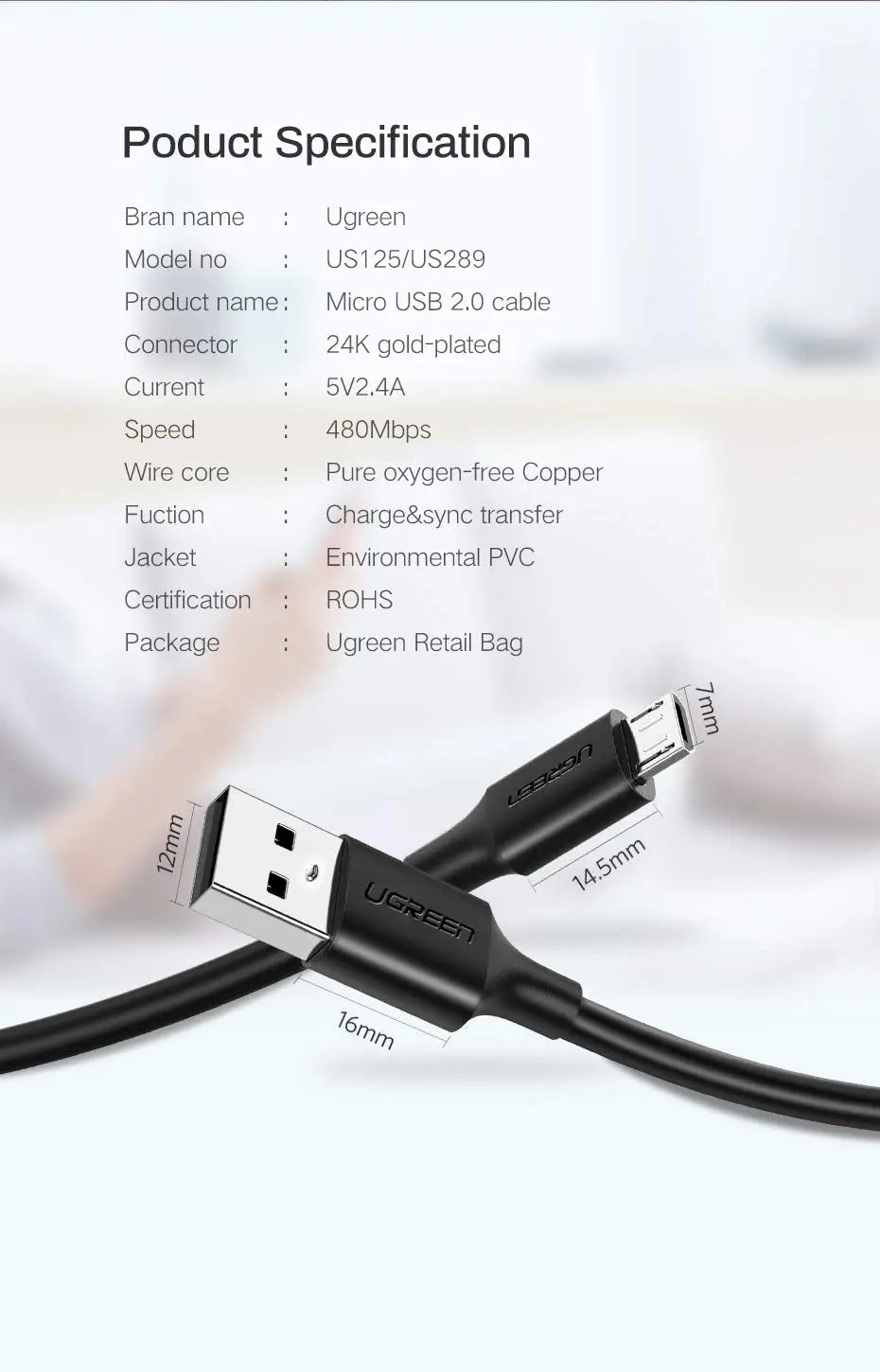 UGREEN 2M USB-A 2.0 to Micro USB Data Cable Black