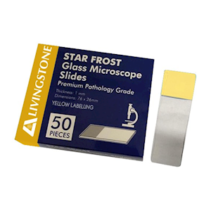 Livingstone Microscope Glass Slide 76 x 26mm with Labelling Panel 50 Slides/Pack - Yellow x25