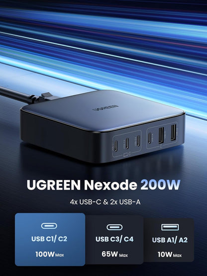 UGREEN Nexode 200W USB C GaN Charger-6 Ports Desk Silver