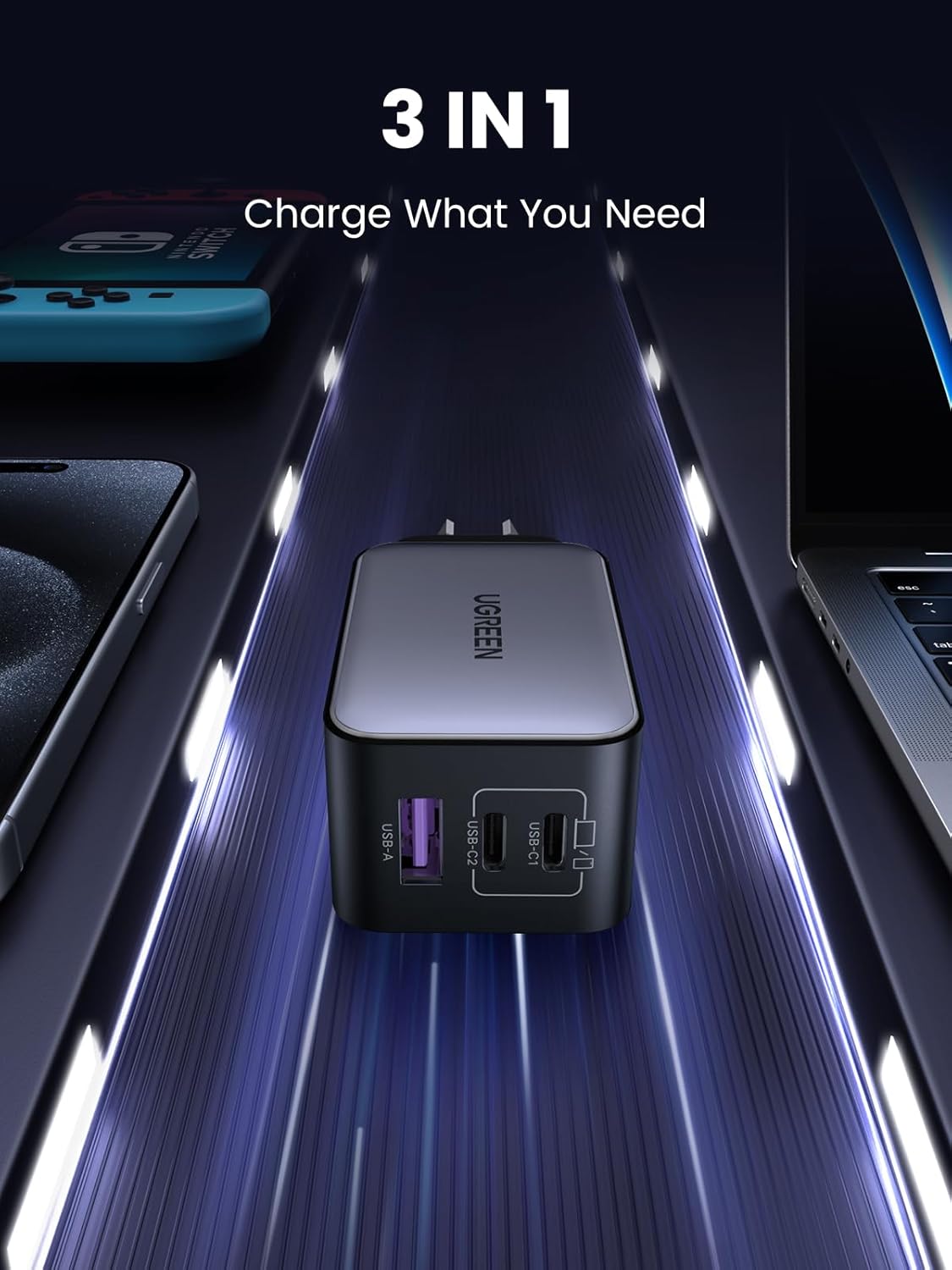 UGREEN Nexode 65W USB C GaN Charger-3 Ports Wall Silver