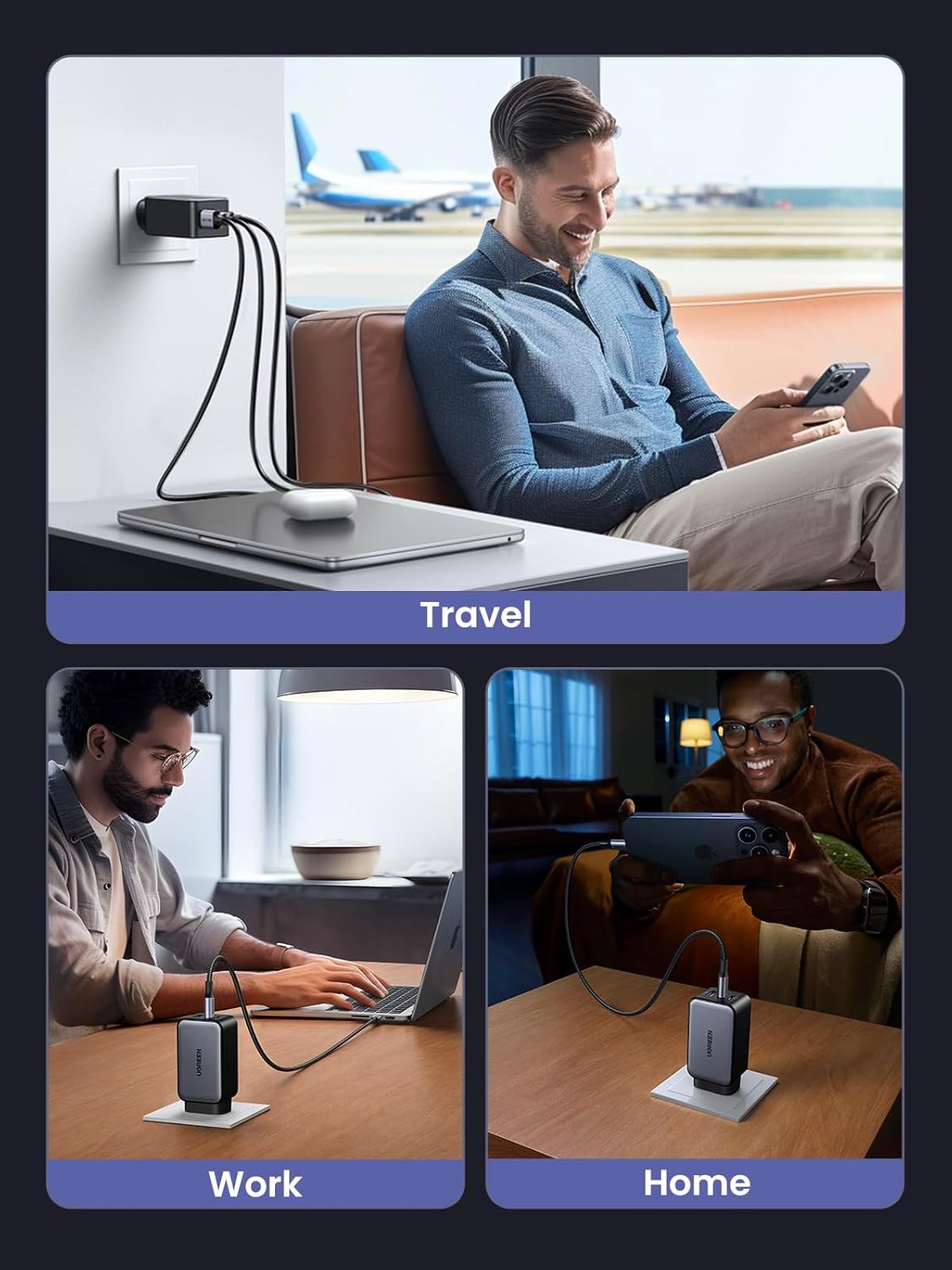 UGREEN Nexode 65W USB C GaN Charger-3 Ports Wall Silver