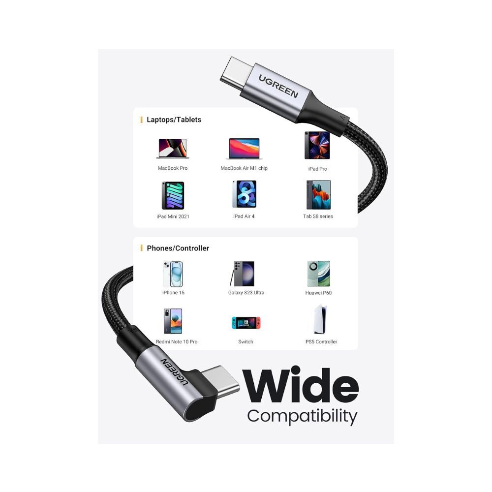UGREEN Angle USB-C Male to USB-C Male 100W Braided 2m Black