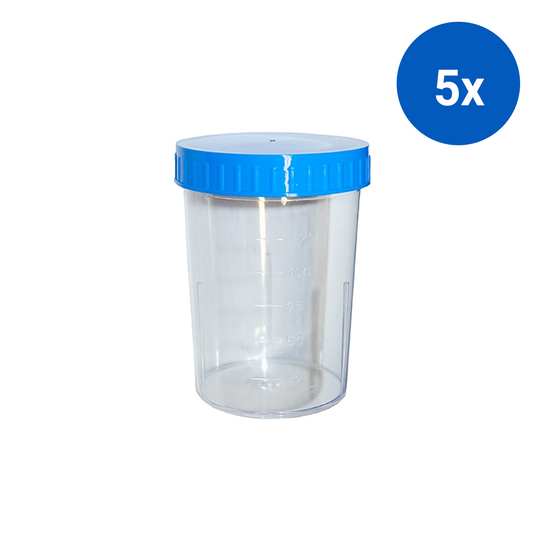 Urine Container with Light Blue Screw Cap 150ml Graduated up to 125ml 60 (D) x 83mm Polystyrene 450/Carton - Clear x5