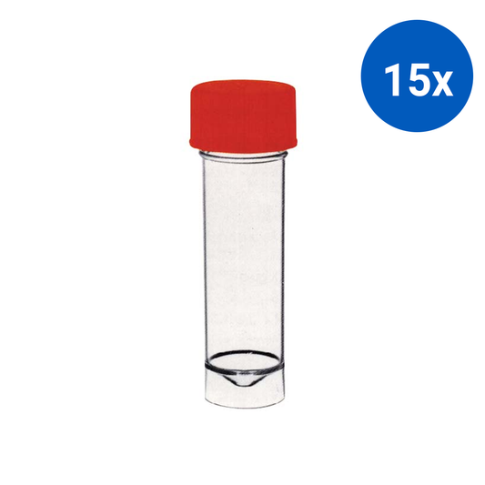Aptaca Specimen Container with Red Screw Cap 25mL 25x90mm Unlabelled Sterile Polystyrene 100/Bag - Clear x15