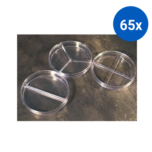 Aptaca Petri Dish with 3 Vents and 3 Sectors 90mm with Lid Sterile Recyclable Polystyrene 20/Bag - Clear x65