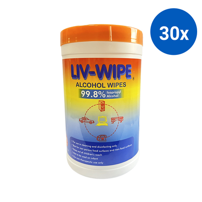 Liv-Wipe Antibacterial Alcohol Wipes 99.8% Isopropyl Alcohol 20.3 x 12.7cm 100/Tub - White x30