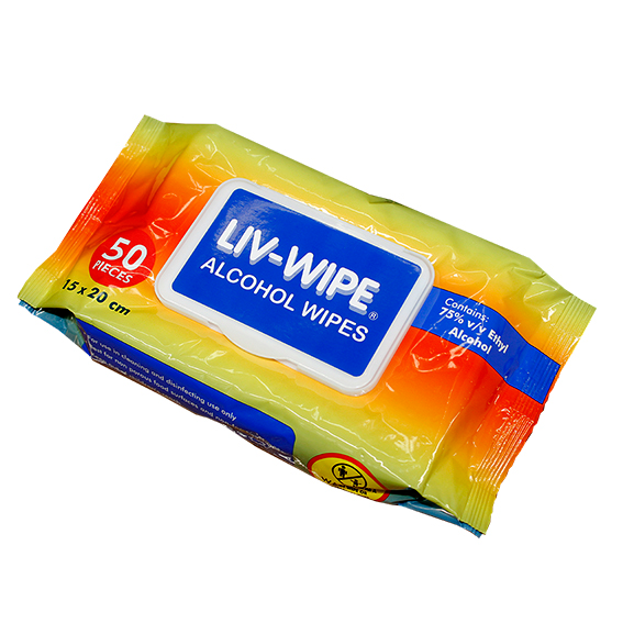 Liv-Wipe Antibacterial Alcohol Wipes 75% Ethyl Alcohol Sanitiser 15 x 20cm 45GSM Nonwoven 50/Pack - White x75