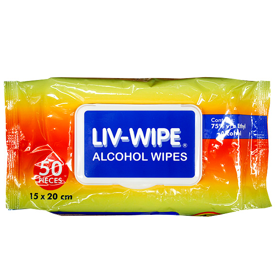 Liv-Wipe Antibacterial Alcohol Wipes 75% Ethyl Alcohol Sanitiser 15 x 20cm 45GSM Nonwoven 50/Pack - White x75