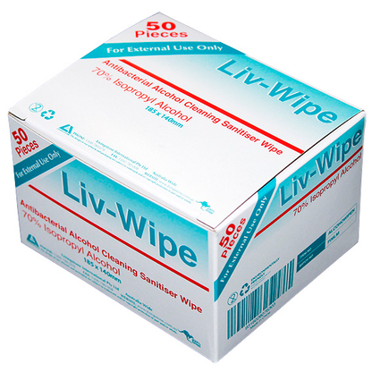 Liv-Wipe Antibacterial Alcohol Cleaning Sanitiser Wipe 18.5 x 14cm 50/Box - White x60