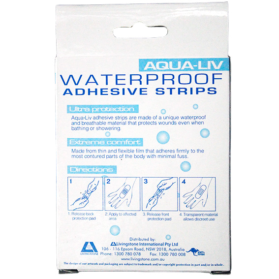 Aqua-Liv Waterproof First Aid Adhesive Strips with Pad 7.3 x 2.5cm Sterile 30/Box - Transparent x95