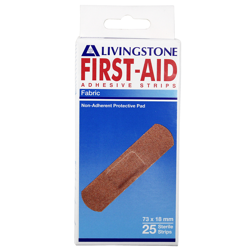 Livingstone Adhesive Fabric First Aid Strips with Pad Latex Free Sterile 73 x 18mm 25/Box - Brown x210