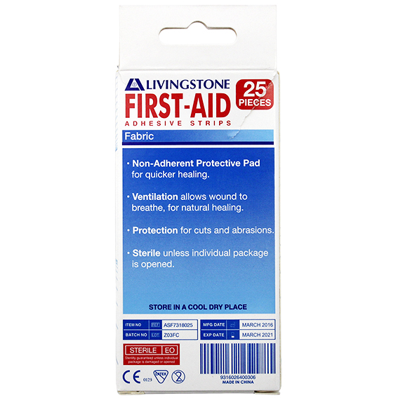 Livingstone Adhesive Fabric First Aid Strips with Pad Latex Free Sterile 73 x 18mm 25/Box - Brown x210