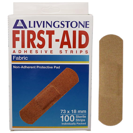 Livingstone Adhesive Fabric First Aid Strips with Pad 73 x 18mm Latex Free Sterile 100/Box - Brown x70