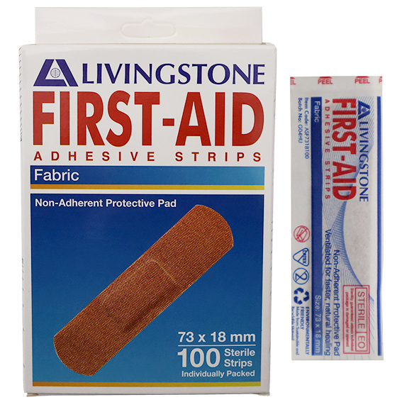 Livingstone Adhesive Fabric First Aid Strips with Pad 73 x 18mm Latex Free Sterile 100/Box - Brown x70