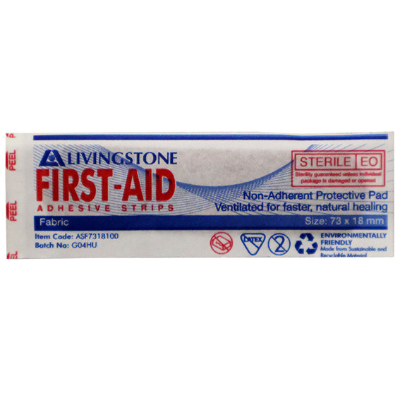 Livingstone Adhesive Fabric First Aid Strips with Pad 73 x 18mm Latex Free Sterile 100/Box - Brown x70