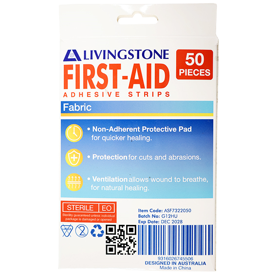 Livingstone Adhesive Fabric First Aid Strips with Pad 73 x 22mm Latex Free Sterile 50/Box - Brown x105