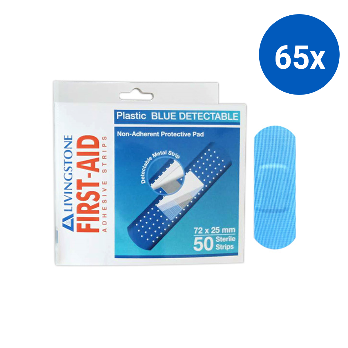 Livingstone Metal Detectable Adhesive Strips with Pad 72 x 25mm 50/Pack - Blue x65