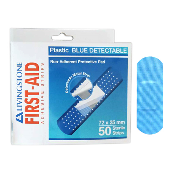 Livingstone Metal Detectable Adhesive Strips with Pad 72 x 25mm 50/Pack - Blue x65