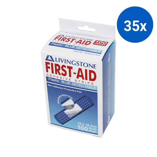 Livingstone X-Ray Metal Detectable Adhesive Strips with Pad 73 x 18mm Waterproof Latex Free 100/Pack - Blue x35