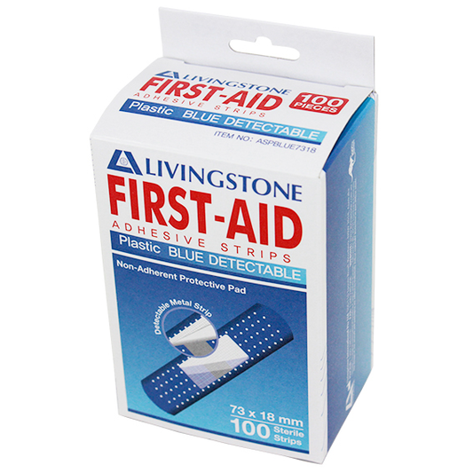 Livingstone X-Ray Metal Detectable Adhesive Strips with Pad 73 x 18mm Waterproof Latex Free 100/Pack - Blue x35