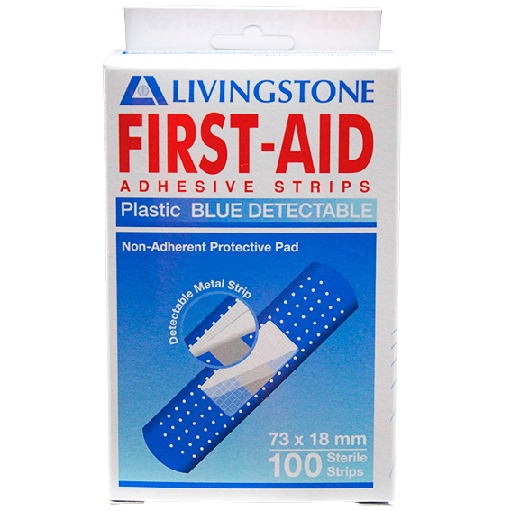 Livingstone X-Ray Metal Detectable Adhesive Strips with Pad 73 x 18mm Waterproof Latex Free 100/Pack - Blue x35