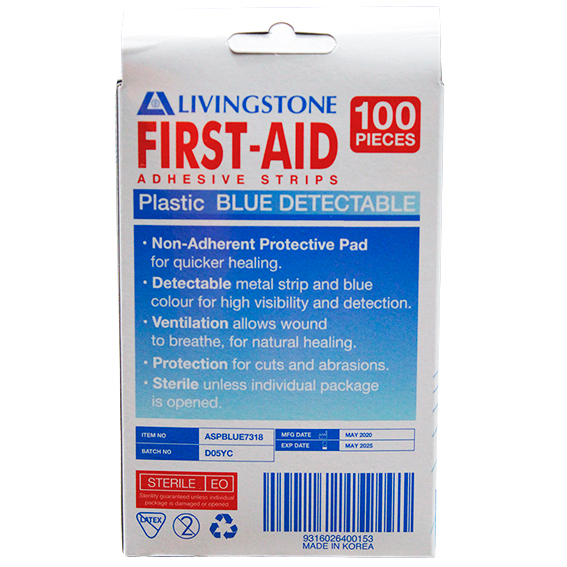 Livingstone X-Ray Metal Detectable Adhesive Strips with Pad 73 x 18mm Waterproof Latex Free 100/Pack - Blue x35