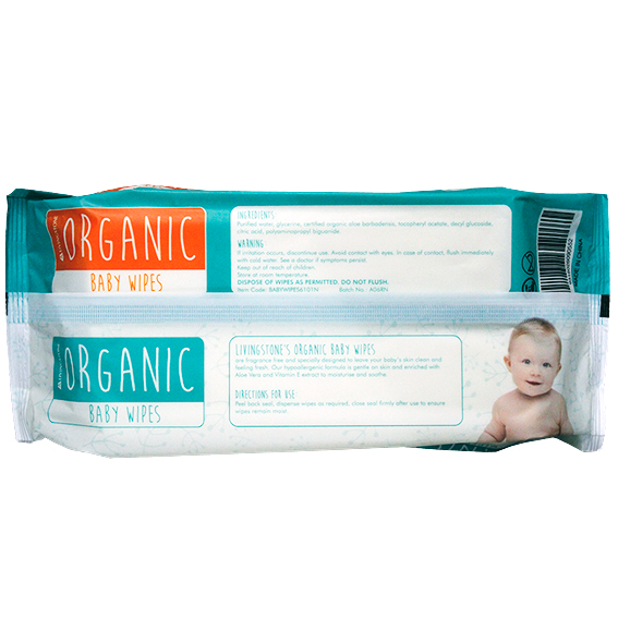 Livingstone Baby Wipes 100% Organic Biodegradable 19x21cm 80/Pack - White x95