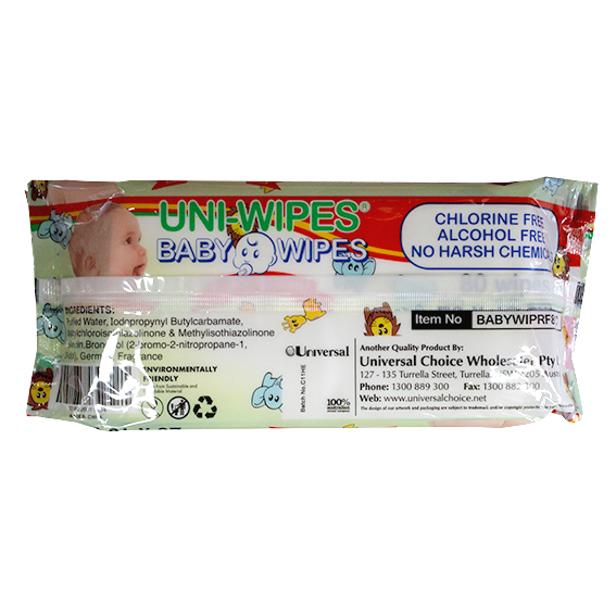 UNI-Wipe Baby Wipes Natural Scent Perfume-Free 20 x 18cm 80 Wipes Resealable Pack - White x270