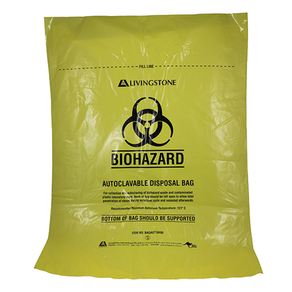 Livingstone Biohazard Autoclavable Waste Bag 70x90cm 70L 50um Open Diameter: 45cm Polypropylene 50/Pack 250/Carton - Yellow x5