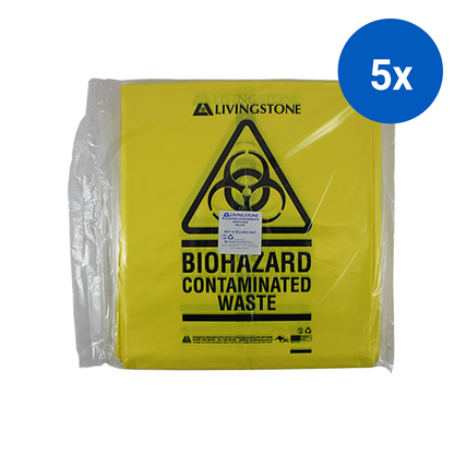 Livingstone Biohazard Waste Bag 55 x 70cm 33L 50um Recyclable LDPE 25/Pack 250/Carton - Yellow x5