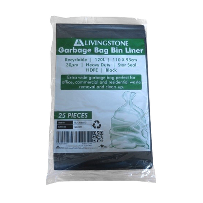 Livingstone Garbage Bag Bin Liner 120L Heavy Duty 25 Pcs/Pack - Black x40