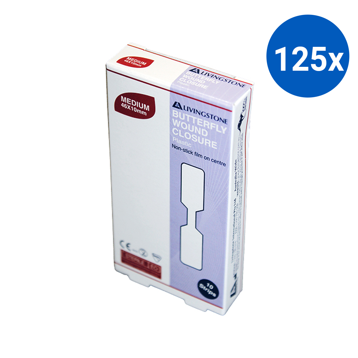 Livingstone Butterfly Wound Closure 46 x 10mm with Non-Stick Centre Sterile 10/Pack - White x125