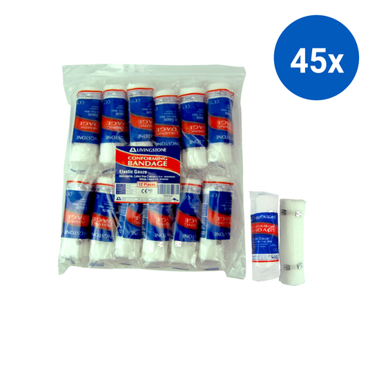 Livingstone Conforming Bandage with Clips 100mm x 4m Stretched 12/Pack - White x45