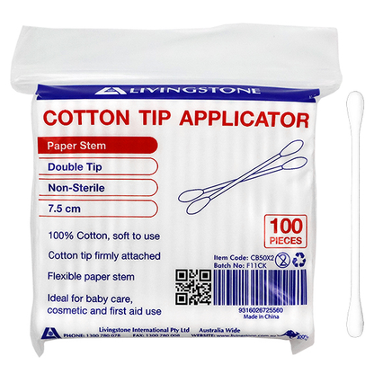 Livingstone Cotton Tip Applicator Double Tipped 7.5cm 100/Pack - White x410
