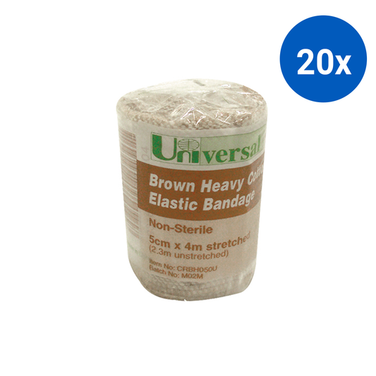 Universal Crepe Bandage 5cm x 2.3m Unstretched 4.5m Stretched 12/Pack - Brown x20