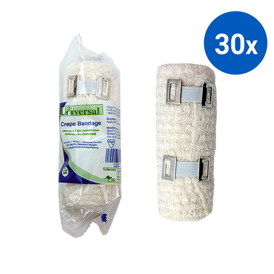 Universal Crepe Bandage 10cm x 1.8m Unstretched 4m Stretched 12/Pack - White x30