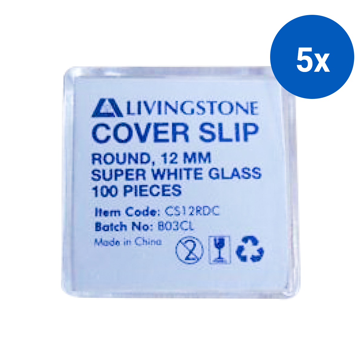Livingstone Microscope Cover Slip 12mm No. 1 Thickness Round Borosilicate 3.3 Glass 100/Pack 1000/Box - Clear x5