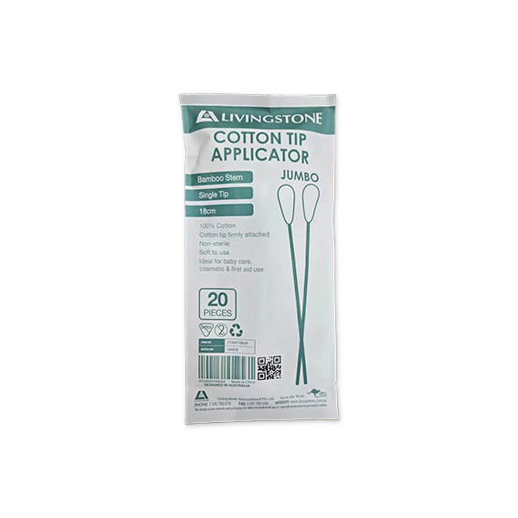 Livingstone Cotton Tip Applicator Jumbo Single Tipped Bamboo Stem 18cm 20 Pcs/Pack - White x190