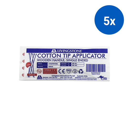 Livingstone Cotton Tip Applicator Single Tipped Wooden Stem 7.5cm Sterile 5/Pack 1000 Packs/Carton - White x5